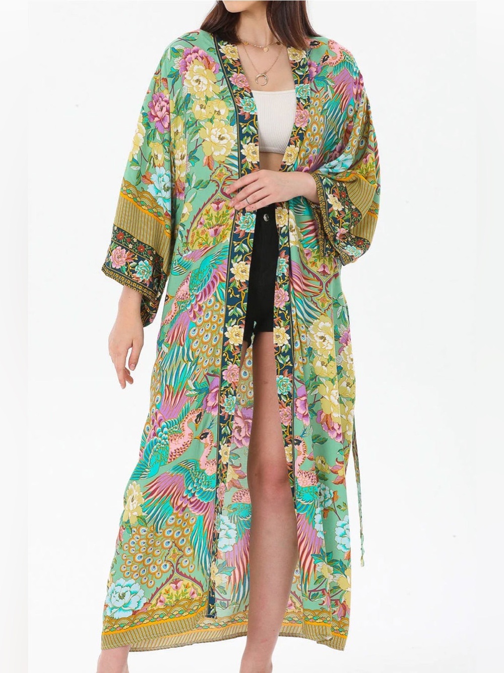 Floral & Crane Print Long Kimono Robe in Mint and Pink